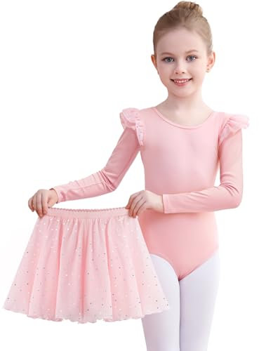 Comfyouth Ballettkleidung Mädchen Langarm Ballerina Turnanzug mit Abnehmbarem Rock Glitzer Ballettkleid Tanzkleid Kinder Ballett Trikot 2-11 Jahre