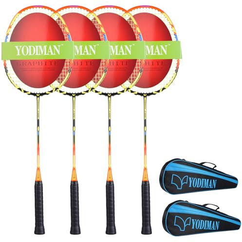 4er Set Ultra-Leichte Graphit Badminton-Schläger inkl. 2 Tragetaschen – 70-74g Leergewicht, Vorbespannter Griff & Rahmen, Ideal für Familie, Training & Outdoor (zitronengelb)