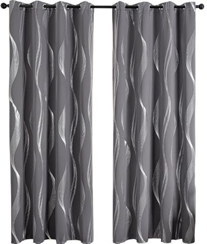 Verdunkelungsvorhänge Set 2 Panels Fenster Behandlung Thermisch Isoliert Solide Tülle Blackout Wave Line Foil Print Design Vorhänge für Schlafzimmer und Wohnzimmer (52 * 96in,Gray)
