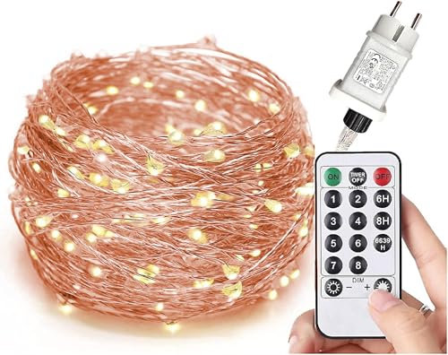 gresonic Guirlande lumineuse 100/200/300 LED micro fil argenté, alimentation secteur, décorative, intérieur/extérieur, blanc chaud (Kupferdraht Warmweiß 8 Modi Timer Dimmbar, 100LED)