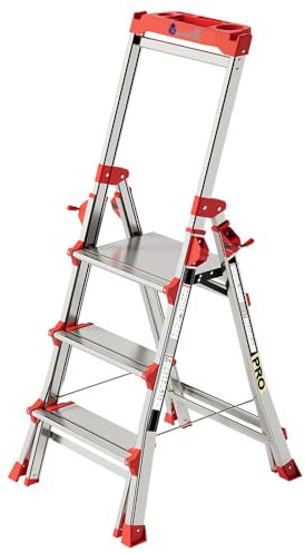 Svelt Scala Telescopica Doppia con Piattaforma Autobloccante – Regolabile su 3 Altezze, Gradini Antisdrucciolo, Parapetto di Sicurezza, Uso su Scalinate, Portata 150 kg
