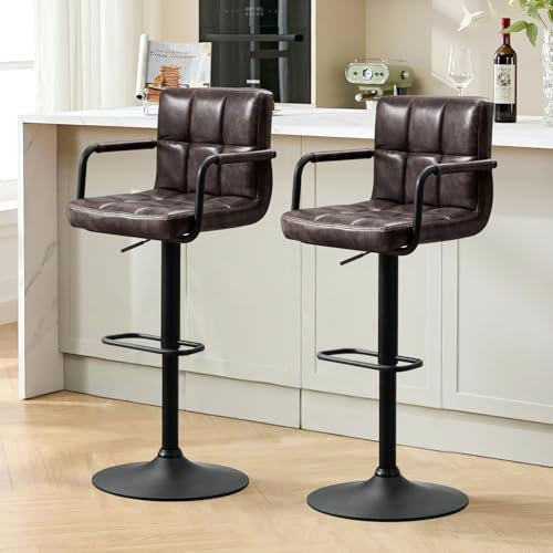 Ckaff Barhocker 2er Set, Barstuhl höhenverstellbar aus PU-Leder, 360°Drehstuhl Küchenstuhl mit Armlehnen, Rückenlehne und Fußstütze für Küche, Wohnzimmer, Esszimmer, Schwarzbraun
