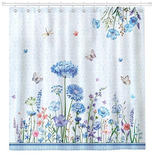 Arquiel Duschvorhang Blaue Blumen Waschbar 182x182 cm Polyester Badezimmervorhang Dekor für Bad Dusche Badezimmer mit 12 Ösen und Ringen