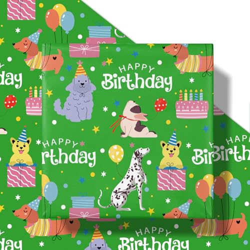 RUSPEPA Geburtstagsgeschenkpapier mit Hundemotiv, Cartoon-Welpen mit Luftballons, Kuchen und „Let's Party“-Schriftzug, grünes Geschenkpapier für Kinder, Hundeliebhaber und Haustierpartys, 43,2cm x 5m