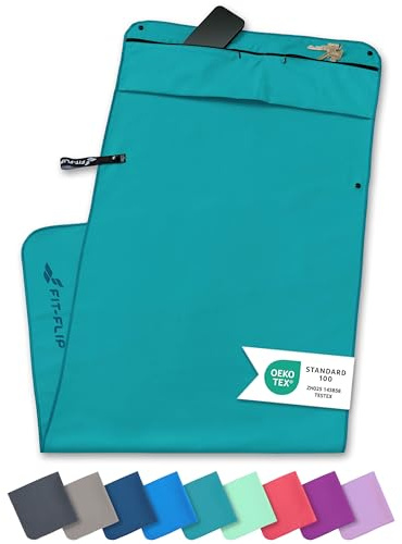 Fit-Flip Fitness Handtuch aus Mikrofaser kompakt und schnelltrocknend | mit Magnet und Reißverschluss Tasche, Fitnesshandtuch rutschfest für Sport und Gym, Sporthandtuch Fitnessstudio