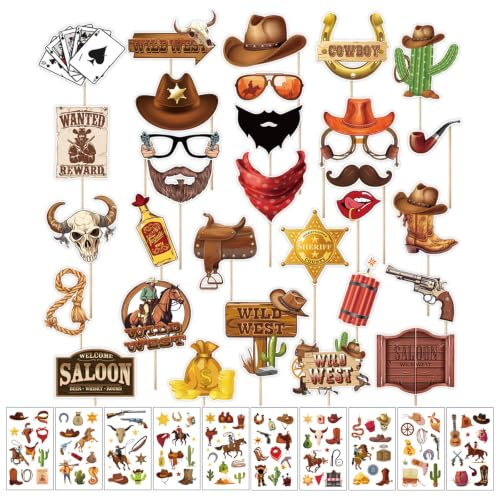 KASESSS 30 Pezzi Accessori Photo Booth Wild West con 10 Fogli Tatuaggi Temporanei Cowboy, Decorazioni Festa Western Cowboy per Festa Musica Country, Foto Grafici Forniture Tema Far West