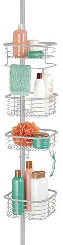 mDesign Duschregal ohne Bohren – praktischer Shower Caddy für die Ecke aus Metall und Kunststoff – ausziehbare Duschablage mit 4 Körben für Shampoo und Conditioner mit Handtuchstange – hellgrau