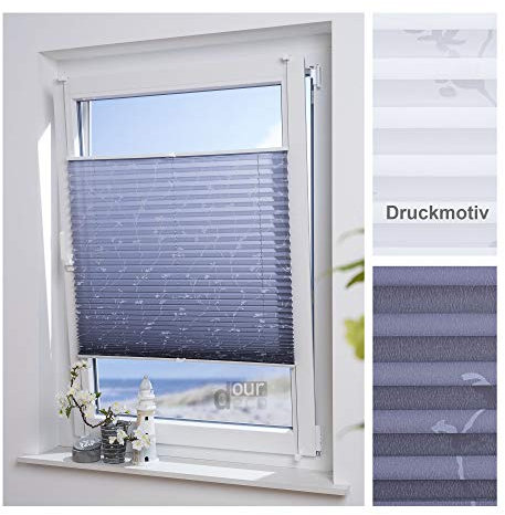 ourdeco® Plissee / 55 x 210 cm Grau, bedrucktes Blumenmotiv Ranke/lichtdurchlässig, Blickdicht/Farbe: Grau Ranke/Klemmen=Montage ohne Bohren=Smartfix=Klemmfix-Plissee=Easy-to-fix