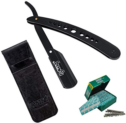 PONIK'S PROFESSIONAL - Klassisches Rasier Set Herren, Transporttasche, Rasiermesser-Set mit 100 Derby Wechselklingen, hochwertiges Edelstahl, Barbier Messer für eine präzise Bart-Rasur, Schwarz