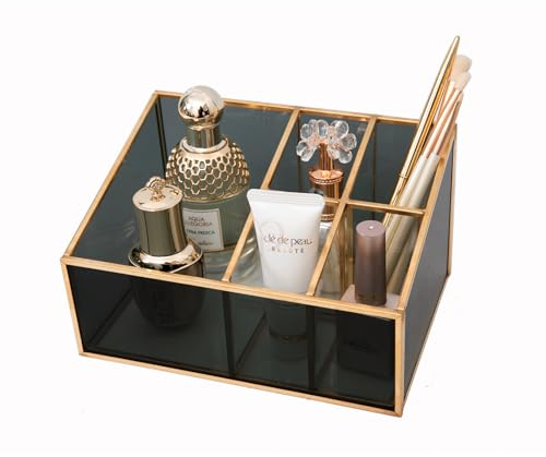 HARLIANGXY Make up Kosmetik Organizer Schwarz, Make up Pinsel Aufbewahrung Glas, Pinselhalter Kosmetik, Schmink Organizer mit 5 Fächern, Beauty Organizer für Schlafzimmer Badezimmer