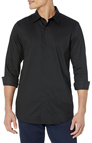 Amazon Essentials Men's Slim-Fit Long-Sleeve Stretch Dress Shirt, Black, L