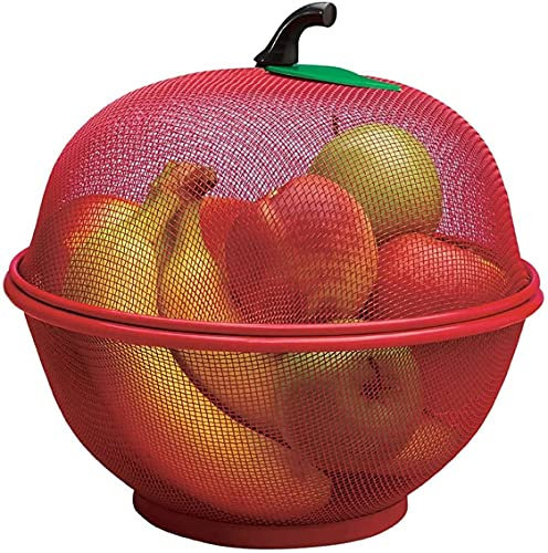XAVRY Apple Shape Fruit Basket with Net Cover – Red Iron Mesh for Kitchen Storage, Fruits & Vegetables, 1L Capacity, Freestanding Iron Accent Shelf