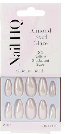 Nail HQ Press On Nails – Almond Pearl Glaze Chrome Nails, 24 Durable Glossy Finish False Nails for Salon-Quality Manicure at Home