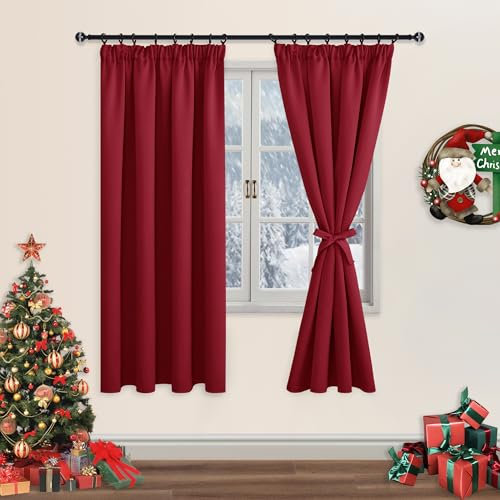 DWCN Fensterdeko Vorhänge mit Kräuselband 2er Set H 183 x B 117 cm, Blickdicht Wohnzimmer mit Vorhang-Krawatten, Verdunkelungsvorhang Gardinen Thermogardine Wärmeisolierend, Rot
