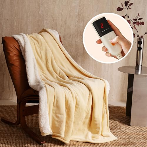 JET'S HOME Couverture Chauffante Électrique 1 Personne 130x180cm - Plaid Chauffant 6 Réglages de Température Fermeture Automatique Réglable, Protection Contre la Surchauffe Lavable en Machine (Jaune)