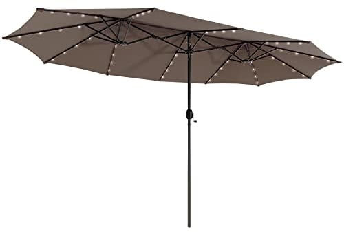 GOPLUS Sombrilla de Jardín Exterior con LED, Sombrilla Doble con Manivela, Parasol con 48 Luces LED, Gran Sombrilla 2,5 m para Terraza Blacón Piscina, Base de Sombrilla no Incluida (Café)