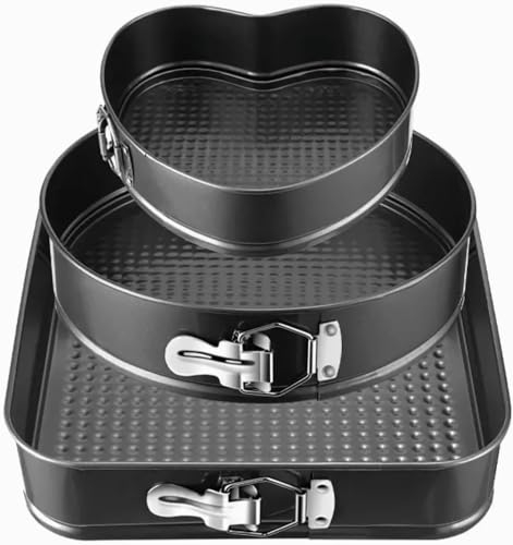 Sadodo 4 Kuchenform Springform Set,Kleine Herz Rund Quadratisch Backform mit Antihaftbeschichtung Abnehmbarer Boden Kuchenform,Tortenringe Flachboden für Backen Kuchen,Brot Tortenform(20/22/24/26 cm)