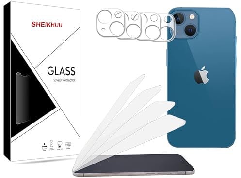 sheikhuu Lot de 8 protections d'écran pour iPhone 13 de 6,1, avec protecteur d'objectif d'appareil photo, clarté ultra HD, anti-rayures, support à vie.