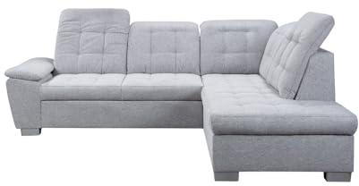 Mebligo Ecksofa Baron Full-Version mit Schlaffunktion, 255x200x105 cm, 7-stufige Kopfstützenverstellung, Wellenfederpolsterung, Bettkasten (Hellgrau, Rechts)