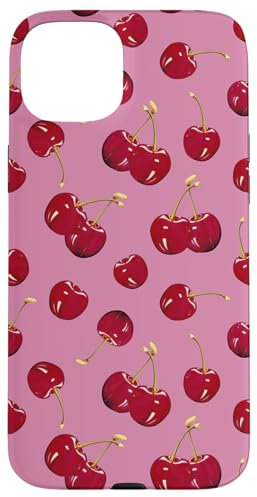 iPhone 15 Plus Cute Red Cherries Pattern, Modern Hot Pink Case