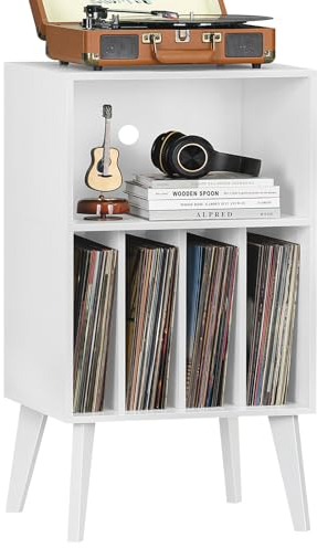 LELELINKY Record Player Stand, Turntable Stand Hold Up To 160 Albums, Mid-Century Vinyl Storage Table With Legs, Record Player Holder Display Cabinet Rack For Bedroom Living Room, White