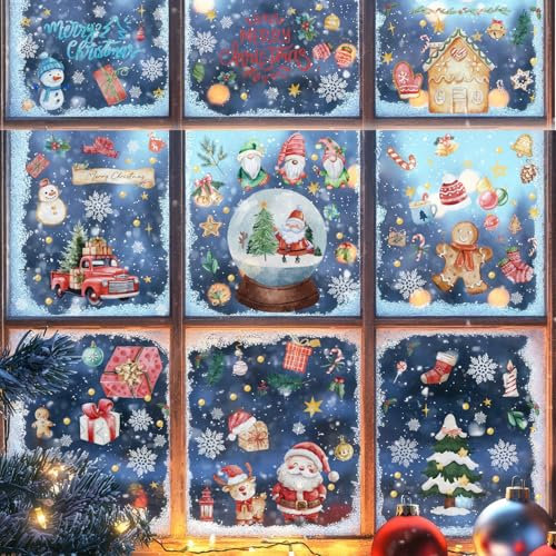 Naler Stickers Noel Fenetre Reutilisable, 12 Feuilles Deco Fenetre Noel Amovible en PVC, 20x30cm, Deco Vitre Noel pour Magasin Vitrine, Porte, Miroir, Verre, Réfrigérateur