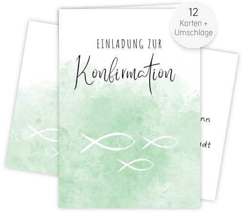 møij 12x EINLADUNGSKARTEN + Umschläge zur Konfirmation, DIN A6, zum Ausfüllen für Mädchen und Jungen (Grün)
