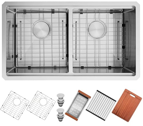 MILOSEN 32''x18'' Double Bowl Undermount Kitchen Sink, T304 Stainless Steel 50/50 Workstation Sink with 10'' Deep Basins & Custom Accessories, Large Handmade Sinks, Modern & Stylish Design