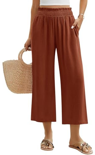 Niwicee Leinenhose Damen Hose Sommer 3/4 Culotte Weite Bein Sommerhose Elastische High Waist Leichte Loose Freizeithose Elegante Lounge Hosen mit Taschen (Ziegelrot, L)