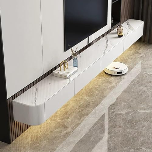 Coubird Floating tv stand cabinet，wall mounted tv unit，TV cabinet with Doors in Media Wall Unit，Entertainment storage TV console for living room and office (White texture, 300cm/118in)