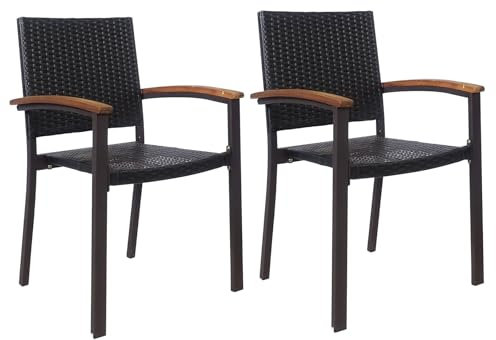 GiantexUK Rattan Garden Chairs Set of 2/4, Stackable Outdoor Dining Chairs with Acacia Wood Armrests, All-weather Patio Bistro Seating for Backyard Poolside Deck Lawn (2)