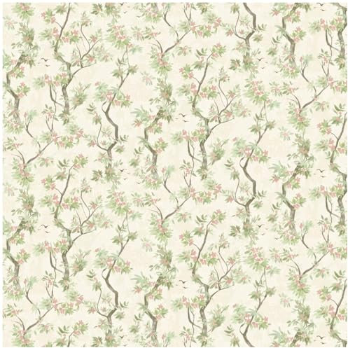 Holden Folia Cream Pink Vinyl Wallpaper - Whimsical Tree Blossom Bird Motif - Natural- Textured Background - Scrubbable Strippable Paste The Wall - Serene Elegant Home Decor