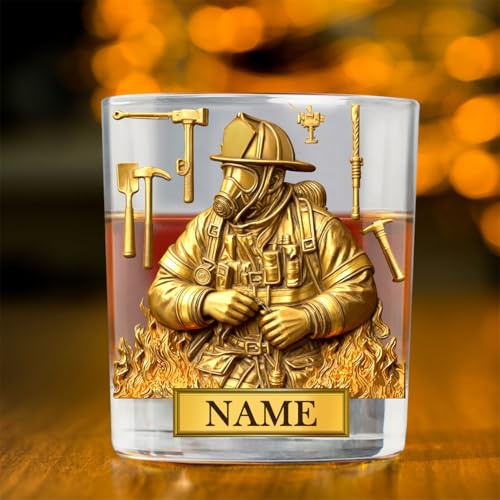Wasetell Personalisiertes Feuerwehr-Whiskyglas mit Namen, personalisierbar, Feuerwehrmann, Whiskyglas, Kristallaufkleber, Feuerwehrmann, Trinkgläser, Geschenk für Männer, Vater, Opa, Bruder, Vatertag