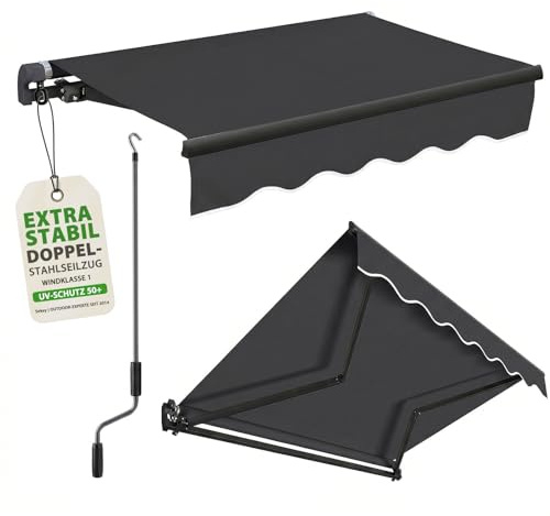 Sekey Gelenkarmmarkise 350x250 cm mit Handkurbel, 0-53° stufenlos neigbar, Doppel-Stahlseilzug, 280g/m² Polyester wasserdicht, Sonnenschutz, UV-Schutz, Markise für Balkon, Terrasse & Garten, Anthrazit