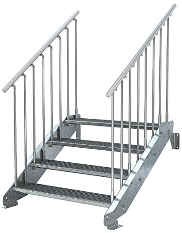 Außentreppe 4 Stufen 110 cm Laufbreite - beidseitiges Geländer - Anstellhöhe 62 cm bis 84 cm - Gitterroststufe ST2 - feuerverzinkte Stahltreppe mit 1100 mm Stufenlänge als montagefertiger Bausatz