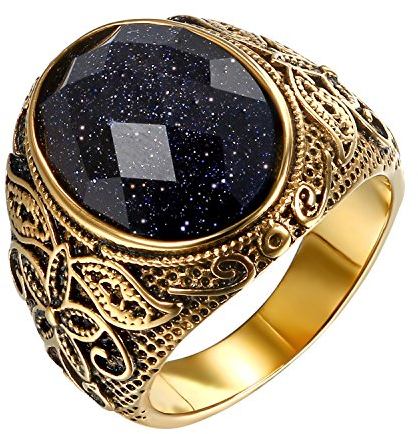 JewelryWe Schmuck Herrenring Siegelring Retro Blume geschnitzt Stein Biker Ring Lila Gold Edelstahl Fantasie Größe optional mit Geschenktasche, Edelstahl, Achat