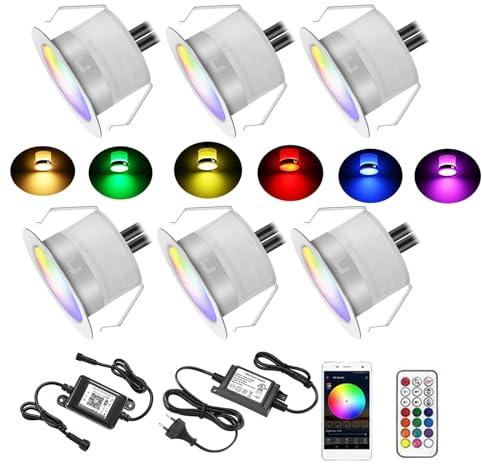 SUBOSI 6er WIFI RGB LED Bodeneinbauleuchten terrassenbeleuchtung Arbeitet mit Alexa, Google Home,DC12V Ø31mm IP67 Wasserdicht LED Einbaustrahler Terrassen Full Kit