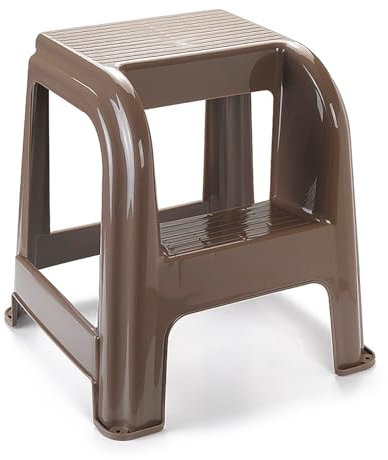 Tradineur - Taburete plástico marrón con peldaño 45,5 x 44,2 x 42 cm, banqueta con escalón, Silla, Asiento, Escalera de Dos Pasos Ligera, Peso máximo 150 kg, hogar