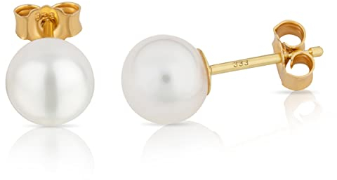 NKlaus Paar 7mm echte Süßwasserperle Ohrstecker 333 Gelb Gold 8 Karat Perlen Ohrringe 13140