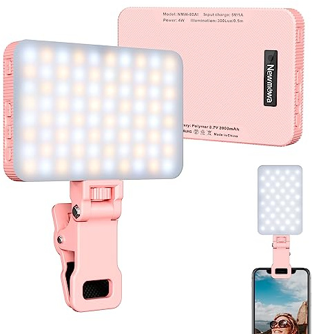 Newmowa Pink Rechargeable Selfie Light - Portable Clip on Video Light for Phone/Laptop/Camera with Smart Light Sensor,3 Light Mode,2000mAh Battery Phone Light for Selfie/Makeup/Video Conference/TikTok