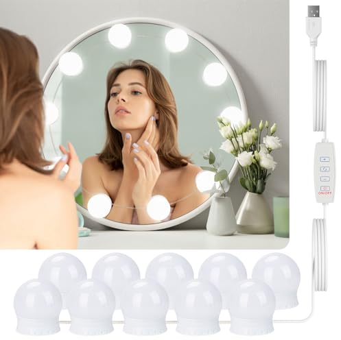 GLUROO Luces de Espejo Maquillaje, Lámparas LED de Tocador con 10 Bombillas Regulables, 3 Modos de Color, Alimentado por USB, Luces Tocador Estilo Hollywood con Interruptor