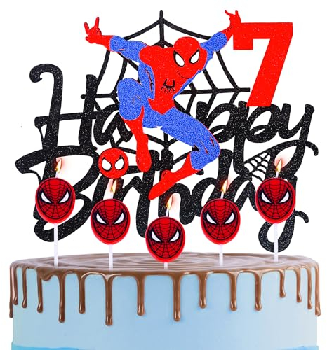 Spider-man 7th Birthday Cake Topper with Candle Red Spider Candles Cake Decorations for Boys,Happy Spider Theme Party Candles Cake Cupcake Topper for Boys Girls 7th Birthday Decor