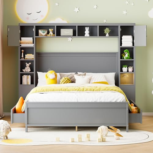 Estructura de cama con espacio de almacenamiento, 140 x 200, con 4 cajones y armario de almacenamiento grande, cama doble de madera maciza con somier, color gris