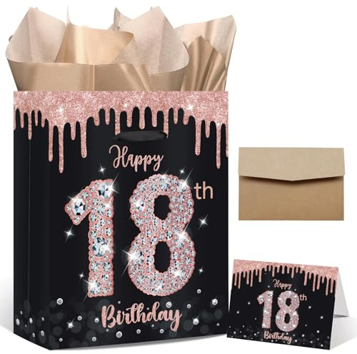 Geschenktüte zum 18. Geburtstag, Roségold, mit Grußkarte und Seidenpapier für Mädchen, Roségold, Geschenktüte zum 18. Geburtstag, Partyzubehör, Geschenktüte