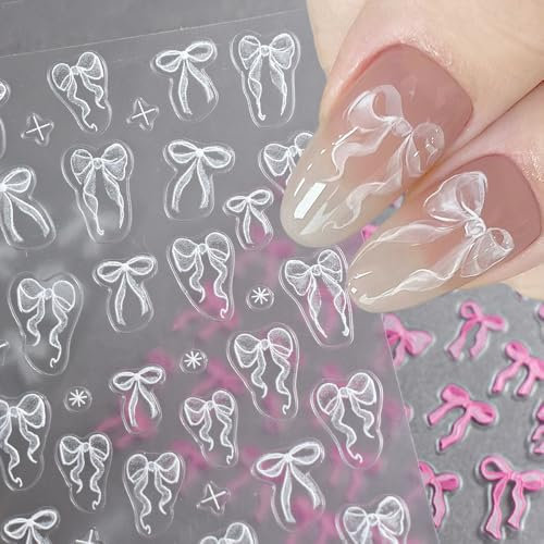 6pcs Bow Nail Stickers Geprägte Bogen Nagelsticker Selbstklebend Nagelaufkleber Nageldesign Aufkleber Nägel Zubehör Schleife Nagel Sticker Rosa Weiß Schleifen Nail Art Stickers Bowknot Nail Sticker