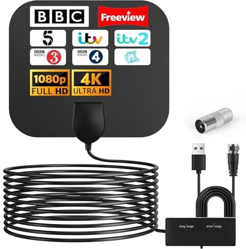 Niaazi Indoor TV Aerial - 480KM Range Digital Freeview HDTV Aerial with Amplifier Signal Booster, High Gain Stronger Reception TV Aerial 4K 1080P TV Tuner DVB-T TV Radio with 17ft/5M Coax Cable
