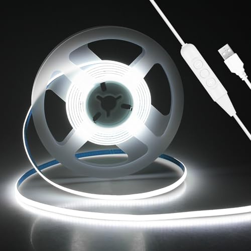 ALITOVE Striscia LED COB LED dimmerabile, 2 m, 5 mm, 5 V, bianco freddo, 6000 K, 800 LED, autoadesiva, con interruttore per camera da letto, TV, retroilluminazione, decorazione da parete