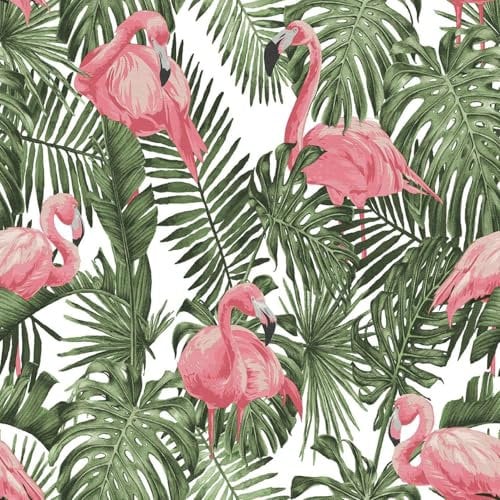 YöL Pink Flamingo Paradise Wallpaper - Tropical Green Leaves Forest - Monstera Palm Tree - Exotic Summer - Paste The Wall Vinyl