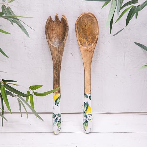 Mango Wood Enamelled Lemon Handles Salad Serving Spoon & Fork Set