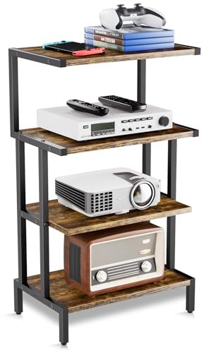 Aquzee 4-Stufiger HiFi Rack, Gaming Regal Holz mit offenen Regalen, Gaming Zimmer Konsole Kleines Regal für Plattenspieler/CD Player/Controller Halter/Router/Headset Halterung, 28Dx45Wx77H cm